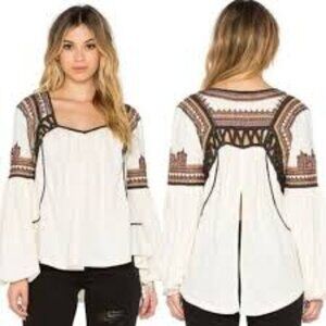 Free People White Boho Embroidered Peasant Blouse